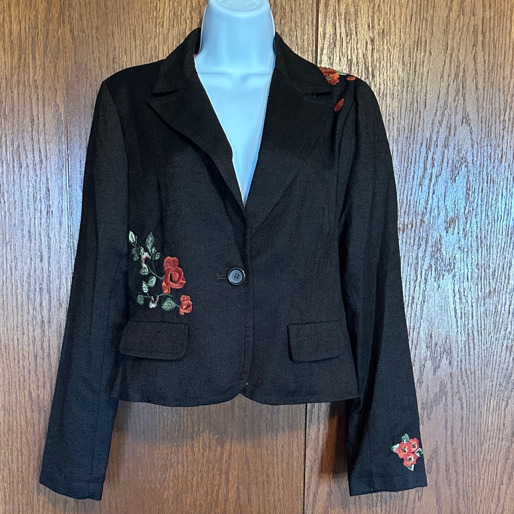 Mixit Brown Cropped Blazer with Red Rose Embroidery